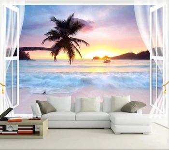 Deniz manzaralı pencere dışında 3D martı hindistan cevizi ağacı stereo duvar kağıdı manzara oturma odası yatak odası duvar kağıtları ev dekor duvar