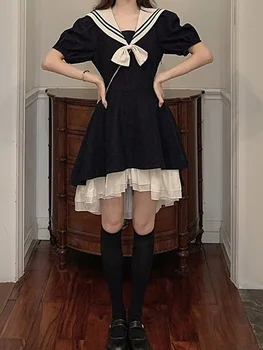 Harajuku Kawaii Lolita Elbise Kadın Tiki Tarzı Okul Rahat Denizci Yaka Puf Kollu Wrap Kısa Elbiseler 2022 Yaz