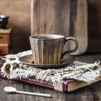 Seramik Kahve fincan ve çay tabağı Seti Grubu El Yapımı Japon Retro Sanat Fincan Seramik El yapımı
