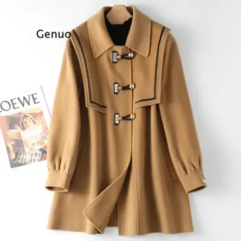 Sonbahar giysileri yeni çift taraflı kaşmir ceket kadın kış yün ceket boynuz toka orta ve uzun high-end