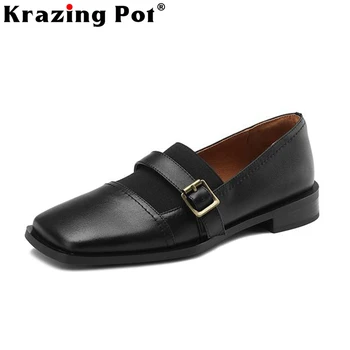Krazing Pot 2023 İnek Deri Kare Ayak Düşük Topuklu Bahar Ayakkabı Kemer Tokası Retro Moda Eğlence Tasarım Rahat Kayma Marka Pompaları