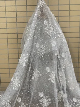 sıcak satış nijeryalı boncuklu İşlemeli tül net dantel kumaş kaliteli ZH-566826 düğün elbisesi