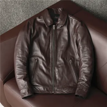 Erkek İş Rahat Hakiki İnek Derisi Koyu Kahverengi Deri Ceket Slim fit Motosiklet Deri Ceket Ceket Sonbahar / Kış L XL 2XL