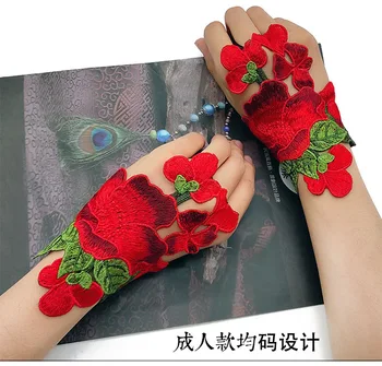 Parmaksız Eldiven Kadın Dans Çiçek Nakış Kısa Kol Kollu Eldiven Bayanlar Yarım Parmak Eldiven Örgü Mitten Handschoenen