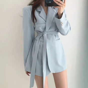Sannian Kadın Ceket Kore Takım Elbise Yaka İki Toka Dantel Up Bel Oldu İnce Çift Cepler Gevşek Takım Elbise Ceket kadın kıyafetleri Tops