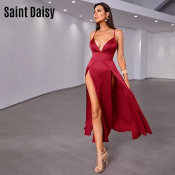 SaıntDaısy Uzun Balo Kırmızı Elbise Kadınlar ıçin Parti Akşam Seksi Elbise Saten Kore Moda Spagetti Kayışı V Yaka Fermuar Ayak Bileği Uzunlukta