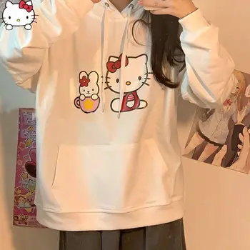 Karikatür Sanrio Hello-Kitty Sevimli Kadın Hoodie Kore Kız Moda Kazak İlkbahar ve Sonbahar Modeli Elbise Rahat Uzun Kollu