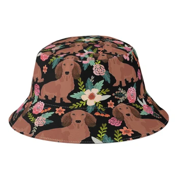 Yaz Unisex Harajuku Kova Şapka Dachshund Köpekler Çiçekler Kadın Erkek balıkçı şapkası Sonbahar Açık güneşlikli kep Bob