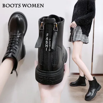 Çizmeler kadın çift fermuarlı Martin çizmeler İngiliz tarzı yuvarlak ayak platformu dantel-up rahat kısa çizmeler ayakkabı kadınlar için