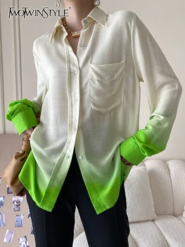 TWOTWINSTYLE Ombre Hit Renk Gömlek Kadın Yaka Uzun Kollu Tek Göğüslü Patchwork Cepler Kadınlar İçin 2022 Tarzı Giyim Yeni
