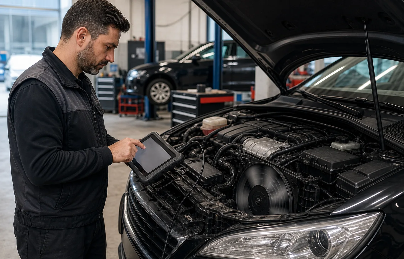 Açık motor kaputunda aktif test ile fan komutu verilen bir araç ve teşhis tableti kullanan usta