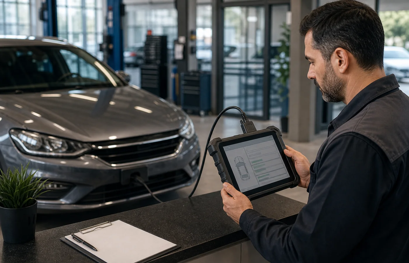 Servis kabul alanında AutoVIN destekli tablet ile aracı hızlı tanıyan bir teknisyen
