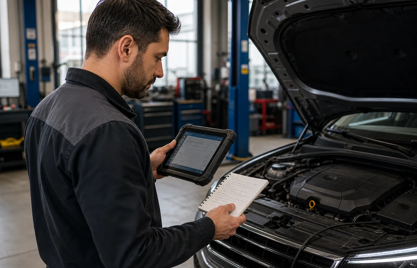 AutoVIN sonrasında araç profilini elle doğrulayan teknisyenin atölye sahnesi