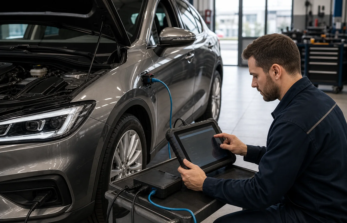 Yeni nesil bir araçta OBD ve Ethernet benzeri teşhis bağlantılarının birlikte kullanıldığı servis sahnesi