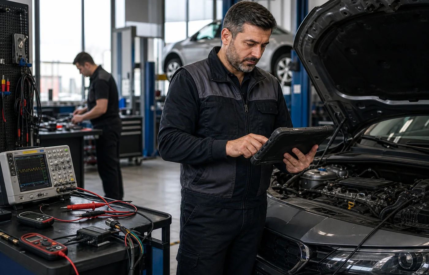 İleri teşhis yapılan bir atölyede büyük tablet ve elektriksel ölçüm ekipmanı kullanılan servis sahnesi
