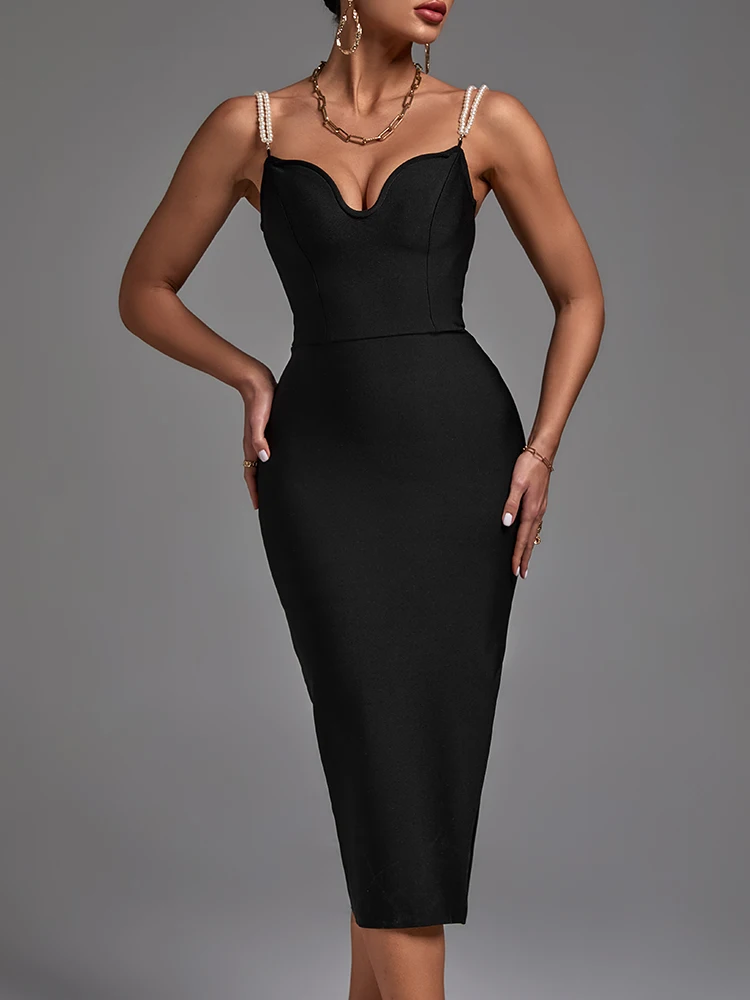 Zarif Midi Bandaj Elbise 2023 Yeni Kadın Siyah Kayış Akşam Parti Bodycon Elbise Yaz Seksi Bölünmüş Kulübü Kıyafetleri Kolsuz